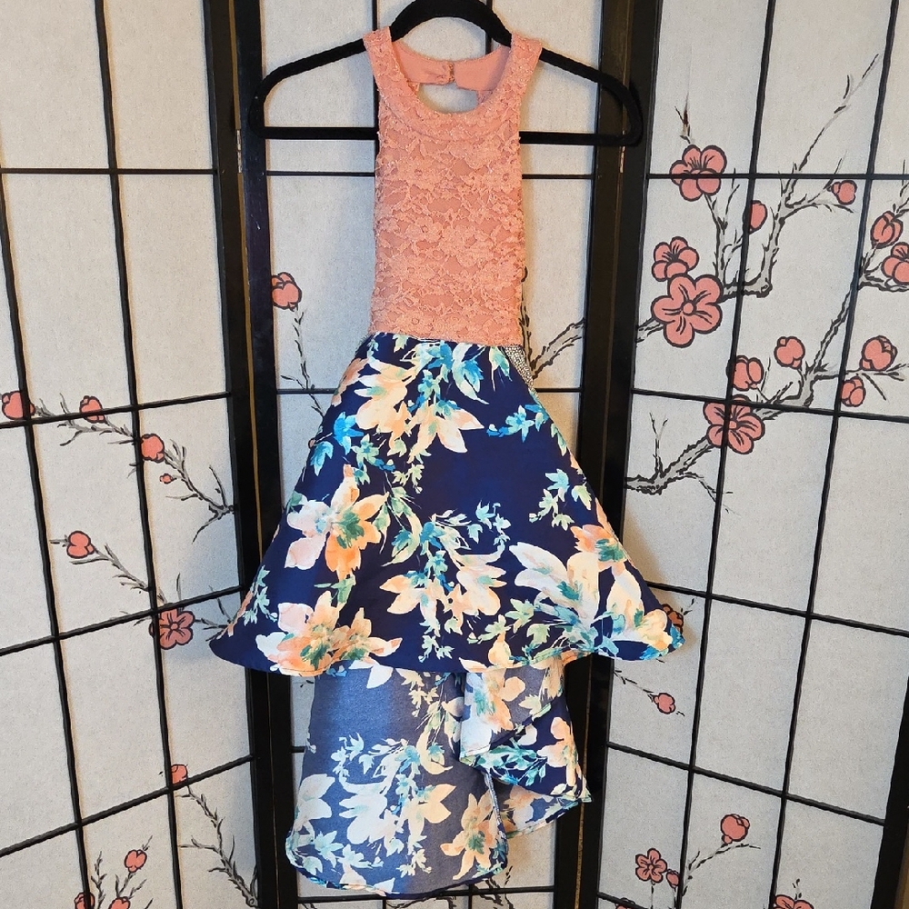 Speechless Pink Lace Bodice and Blue Floral High Low Skirt Kids Dress Size 8